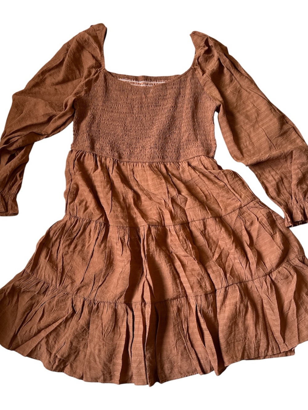 Women’s Tiered Smocked Bodice Long Sleeve Dress - Rust Brown - Picture 3 of 3
